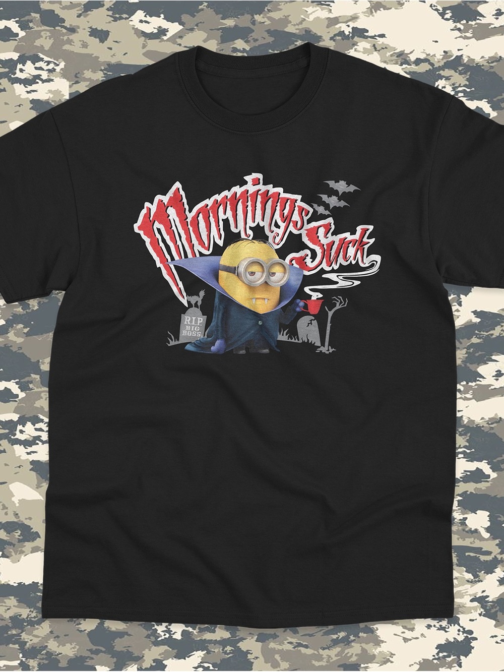 Mornings Suck Black Graphic Tee - Minion Vampire Design